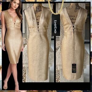 Bebe Foiled Bandage Plunge Neck Cutout Bodycon Midi Dress Size XL